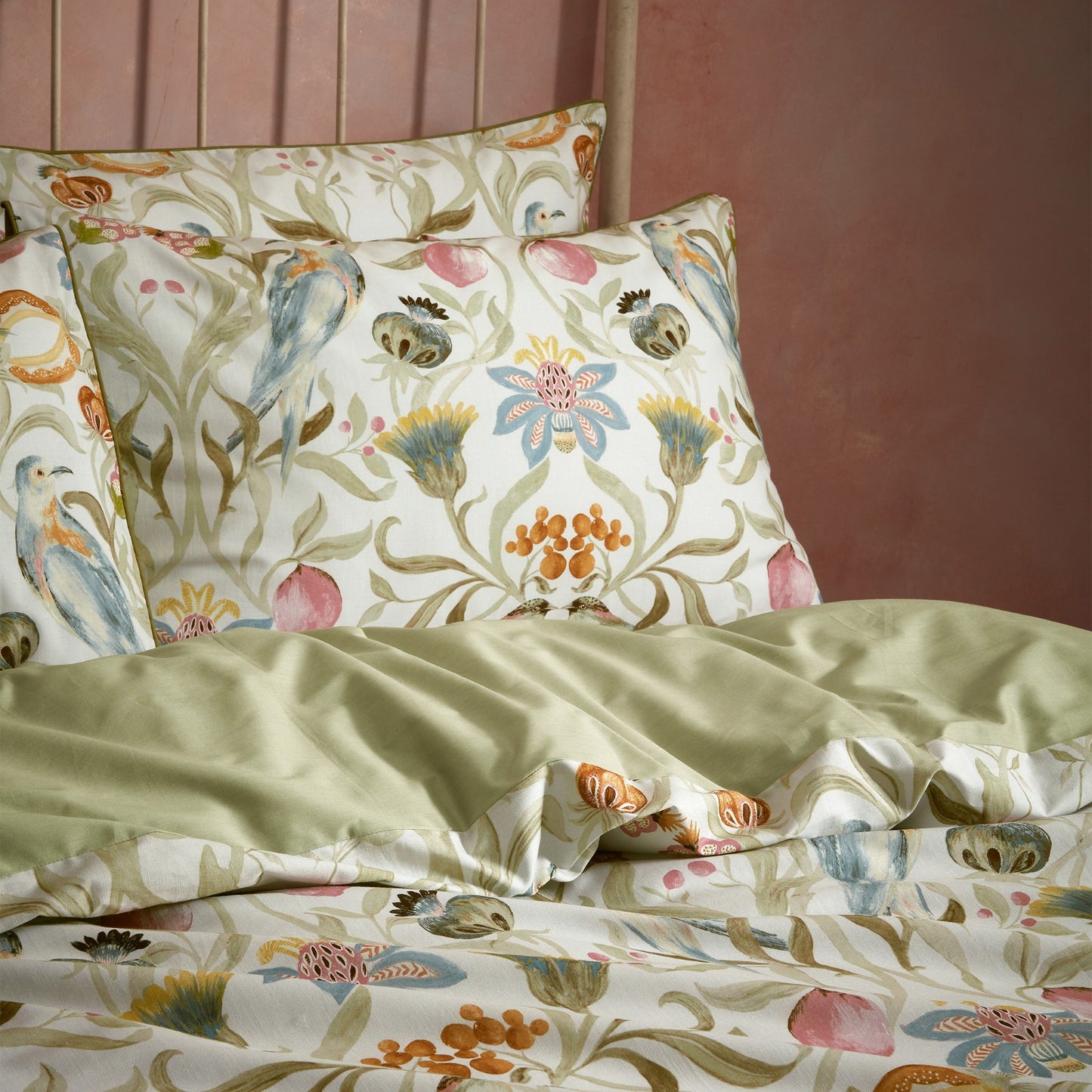 Songbird Traditional Floral Printed Piped Duvet Cover Set Stone