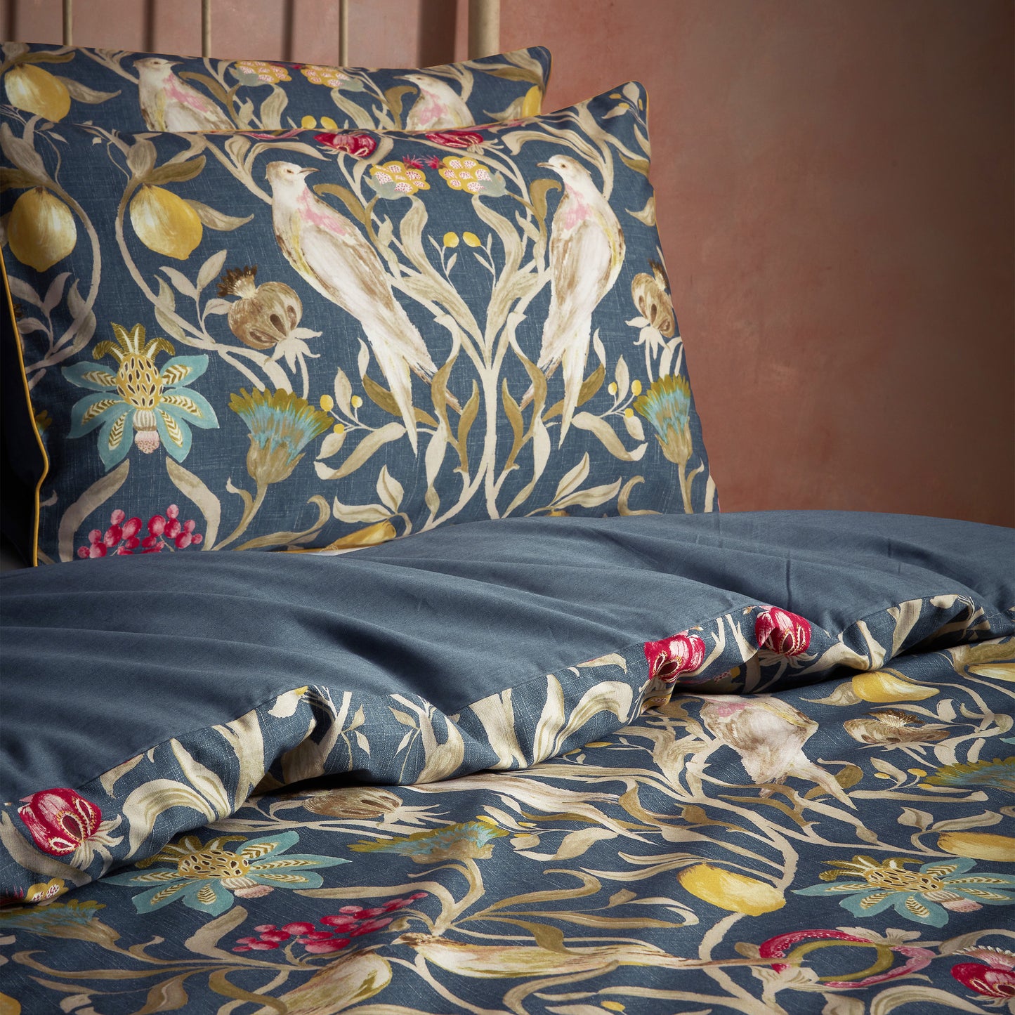 Songbird Traditional Floral Printed Piped Duvet Cover Set Navy