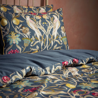 Songbird Traditional Floral Printed Piped Duvet Cover Set Navy