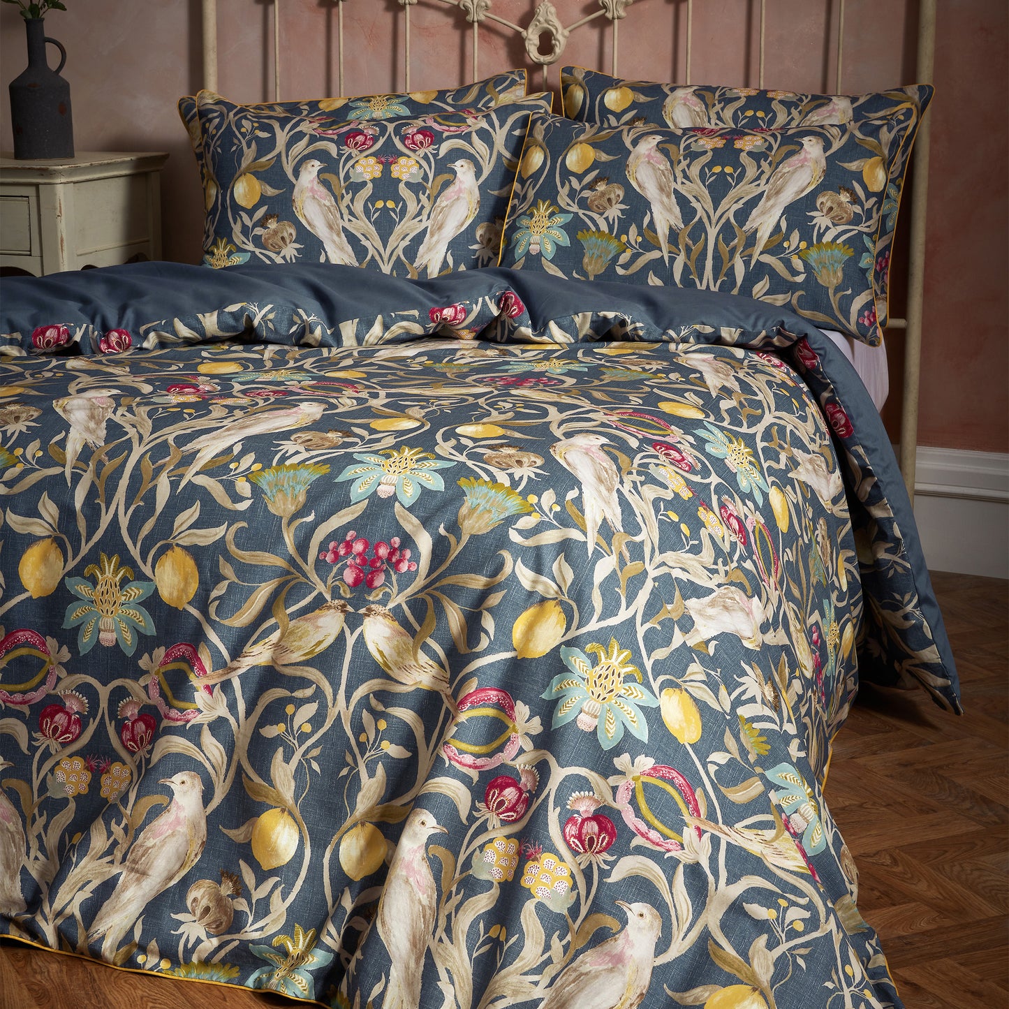 Songbird Traditional Floral Printed Piped Duvet Cover Set Navy