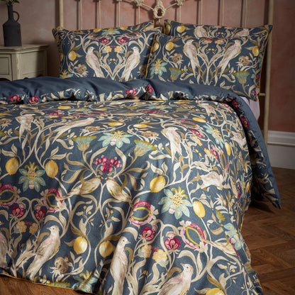 Songbird Traditional Floral Printed Piped Duvet Cover Set Navy