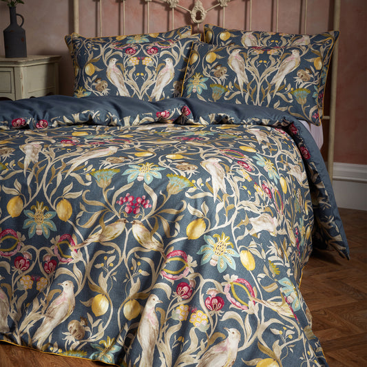 Songbird Traditional Floral Printed Piped Duvet Cover Set Navy